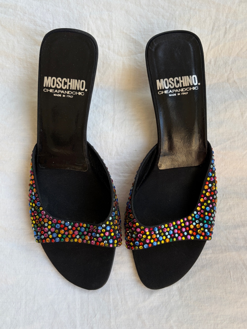 Vintage Moschino Crystal Rainbow Multicolor Open Toe Mules Kitten Heels Black